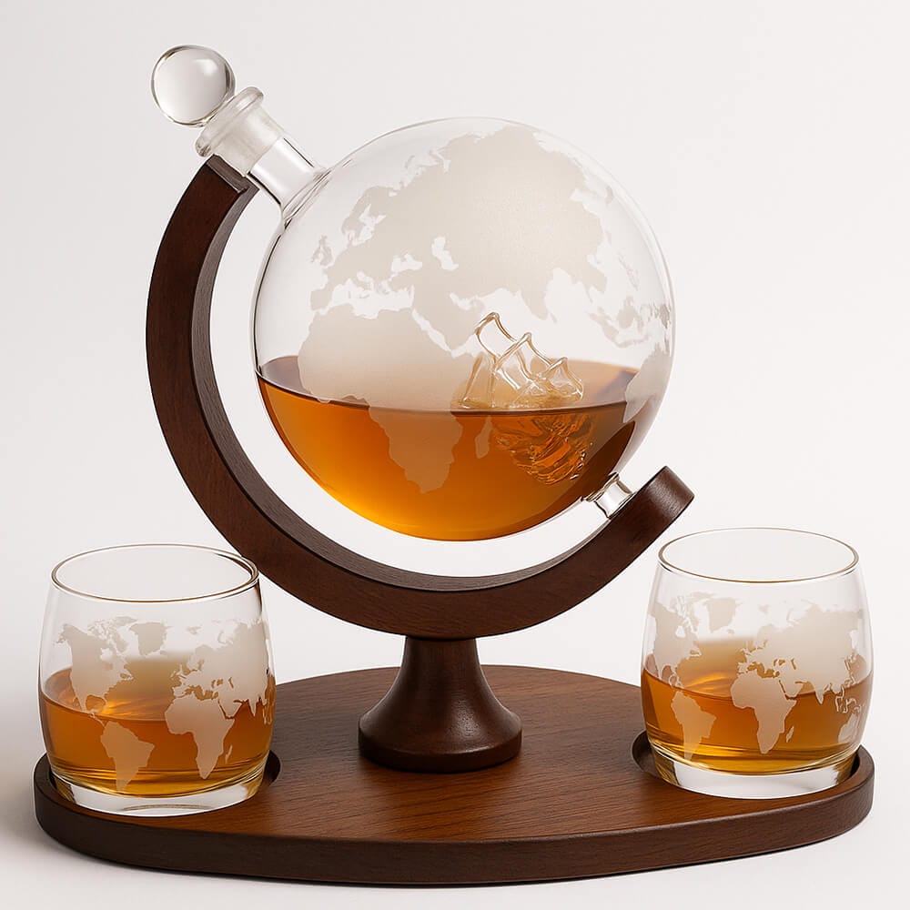 Wooden stand globe decanter