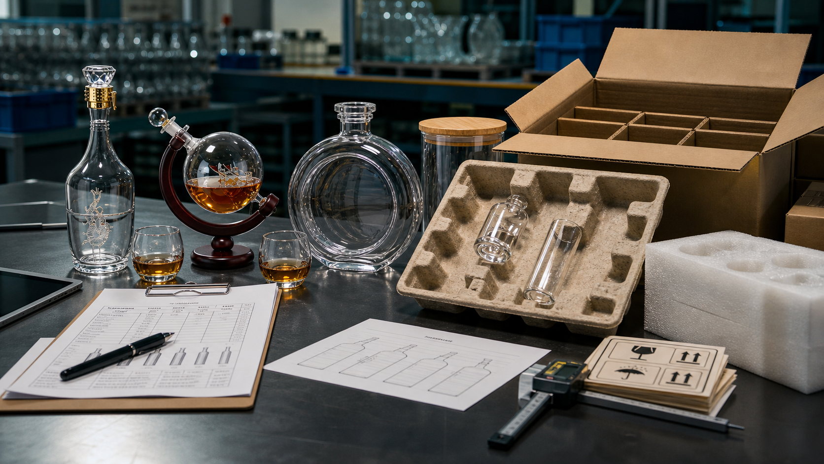Ingcho dragon glass bottle, globe decanter, circular glass product, bamboo lid jar, protective inserts, export carton, and inspection documents on a pre-shipment QC bench